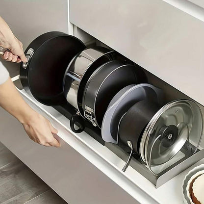 Expandable Pot and Pan Organizer Rack for Cabinet, Pot Lid Organizer Holder with 7 Stainless Steel Adjustable Dividers for Kitchen Cabinet Organizer and Storage
